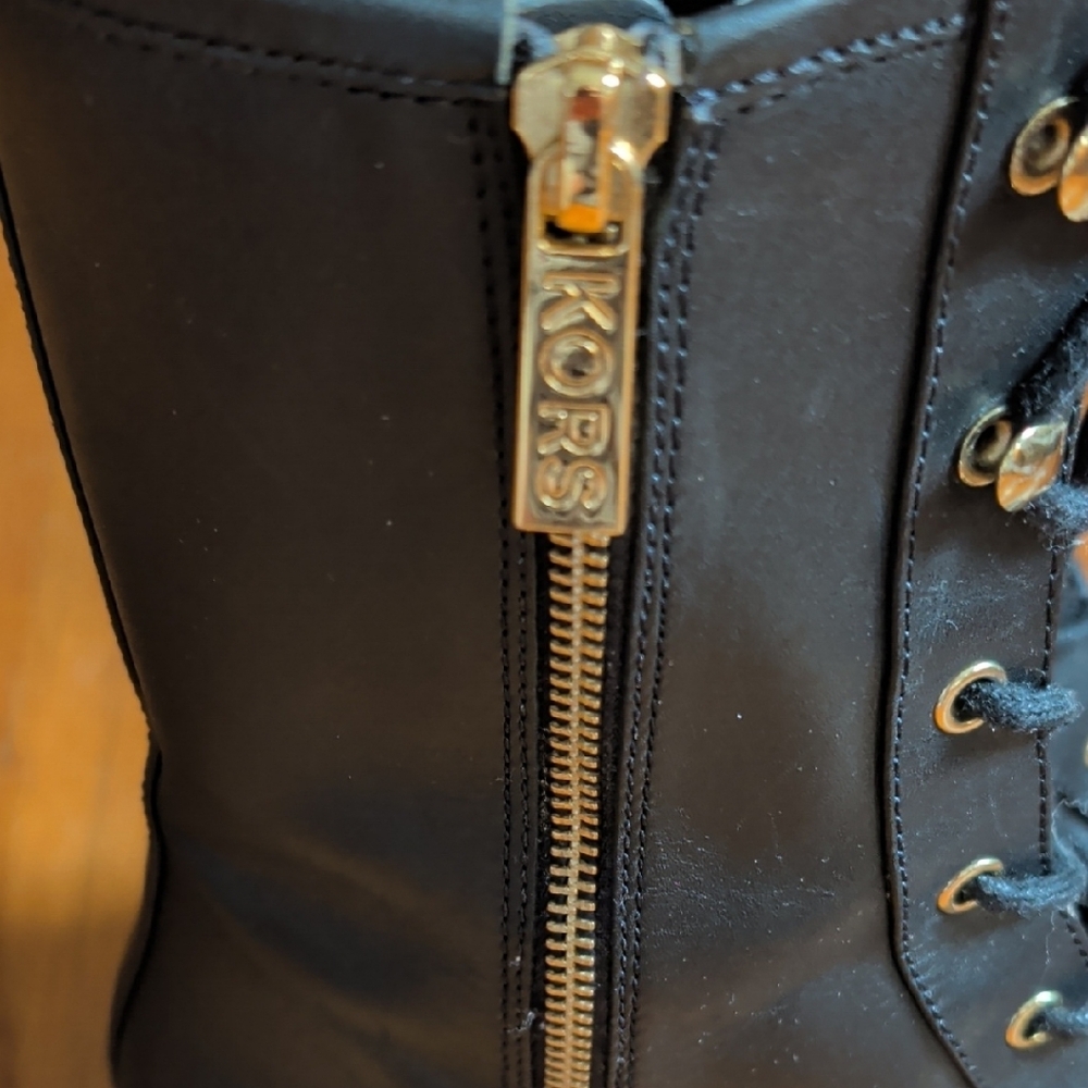 Michael Kors Black Lace-Up Platform Combat Boots with Gold Accents - Picture 5 of 10